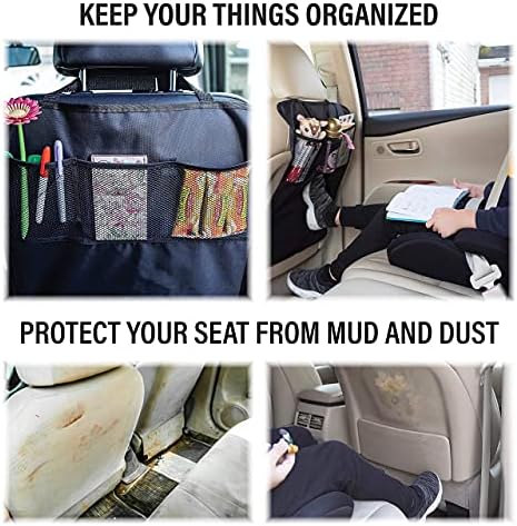 מחצלות בעיטת מכוניות אקונור + מגבת זיעה לרכב עם כרית כתף חגורה | מגן מושב לרכב לילדים עם כיסי אחסון | מגן
